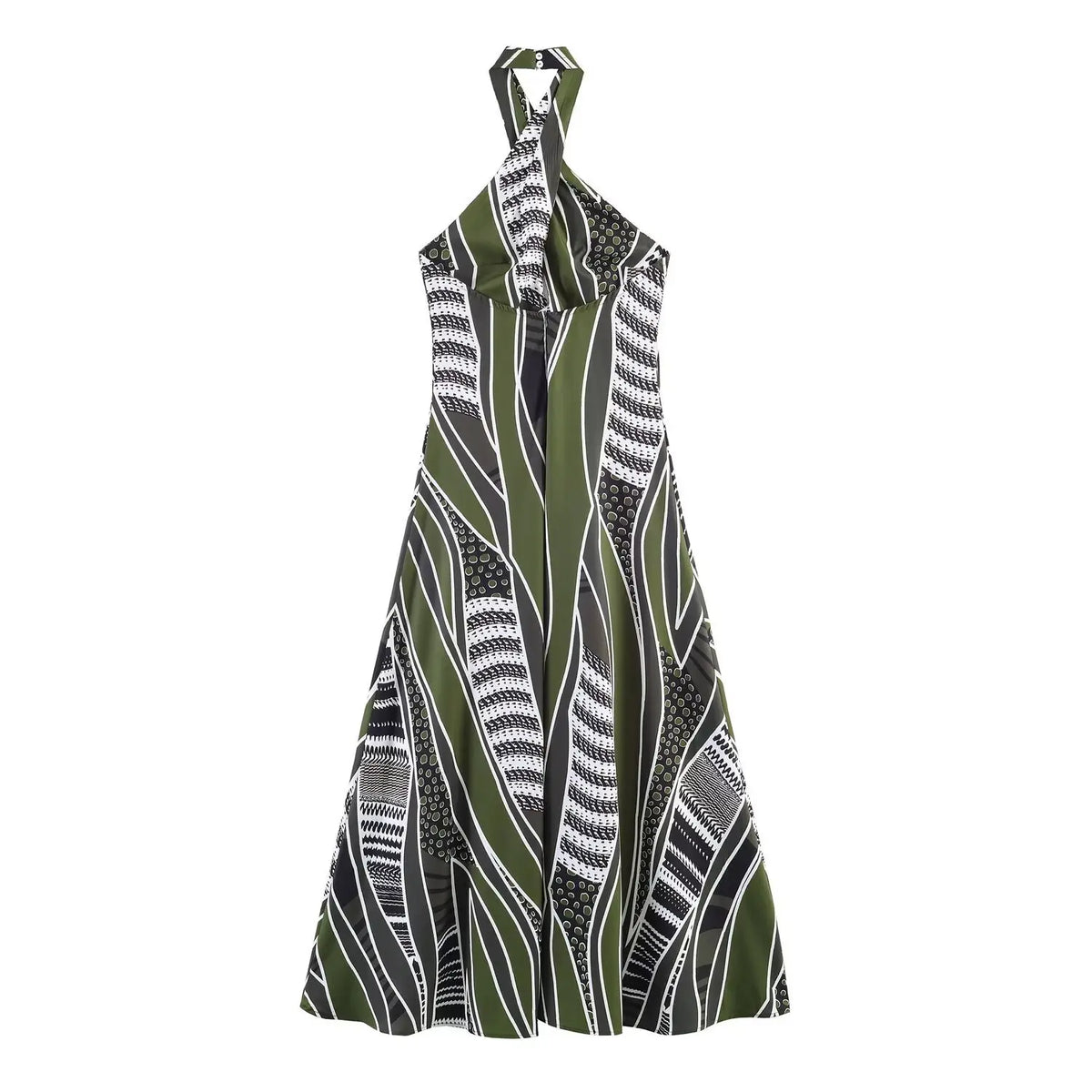 Back flat lay of geometric print cross halter midi dress