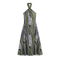 Front flat lay of geometric print cross halter midi dress
