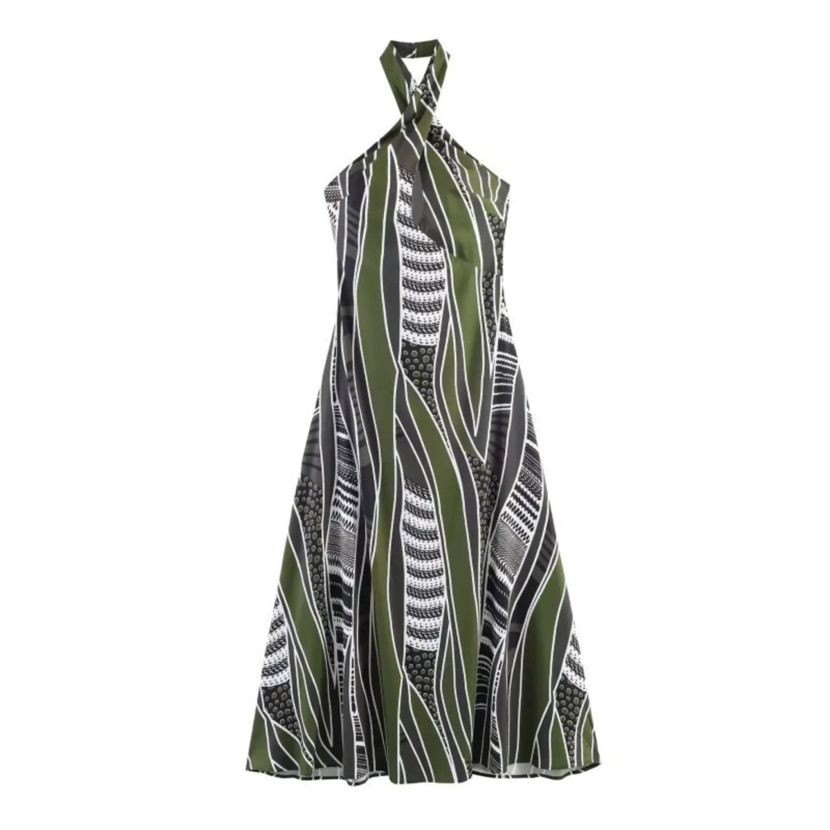 Front flat lay of geometric print cross halter midi dress