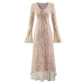Front flat lay of geometric print tie neck bell sleeve dress