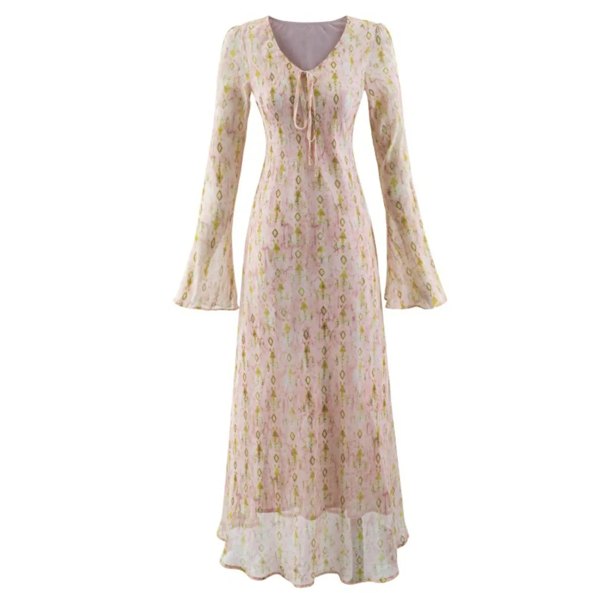Front flat lay of geometric print tie neck bell sleeve dress