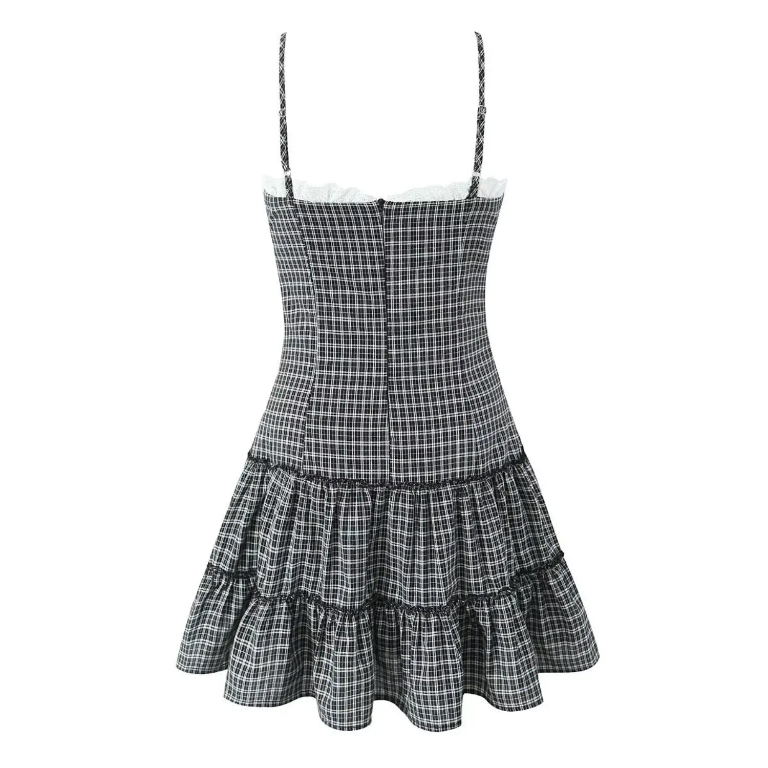 Back view of black white gingham cami mini dress, adjustable spaghetti straps, back zipper closure, tiered ruffle hem