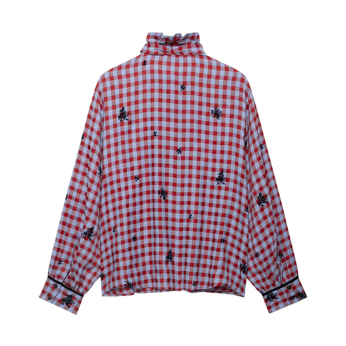 Back flat lay of gingham floral embroidered tie neck blouse