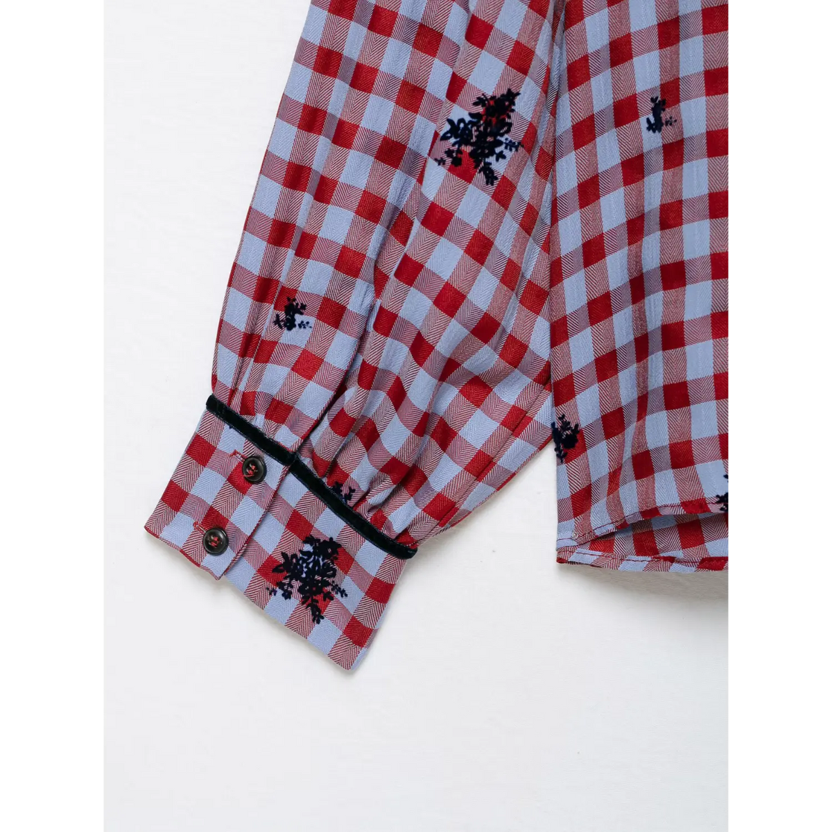 Close-up of cuff buttons and black trim