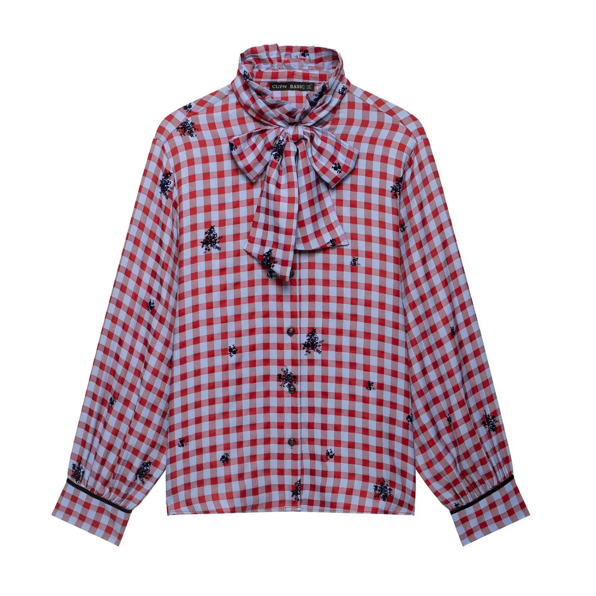 Front flat lay of gingham floral embroidered tie neck blouse