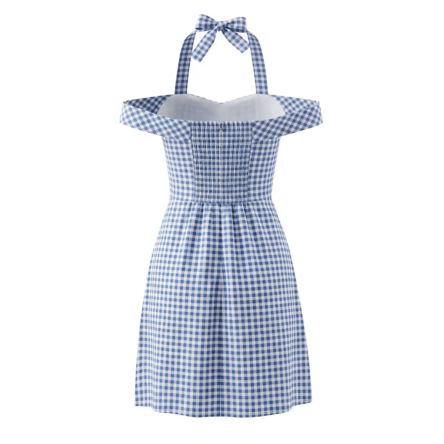 Gingham halter mini dress full back white background flat lay, full elastic smocked panel center invisible zipper inner bust lining stretch waist silhouette shot