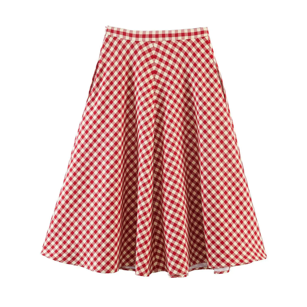 Back flat lay of gingham high waist flared midi skirt with side pockets