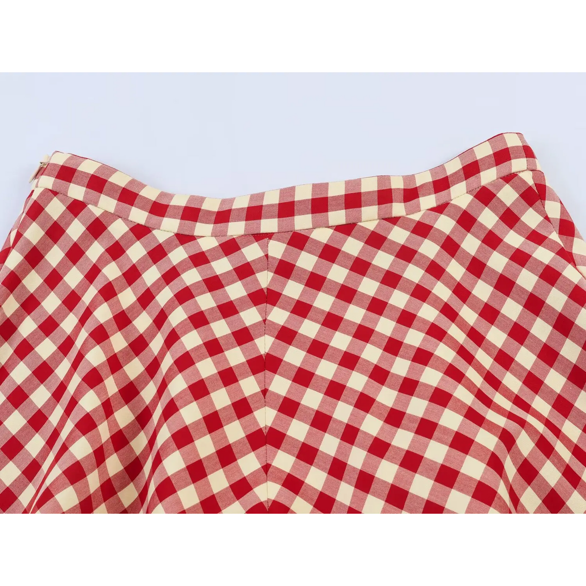 Close-up of back waistband and side zipper