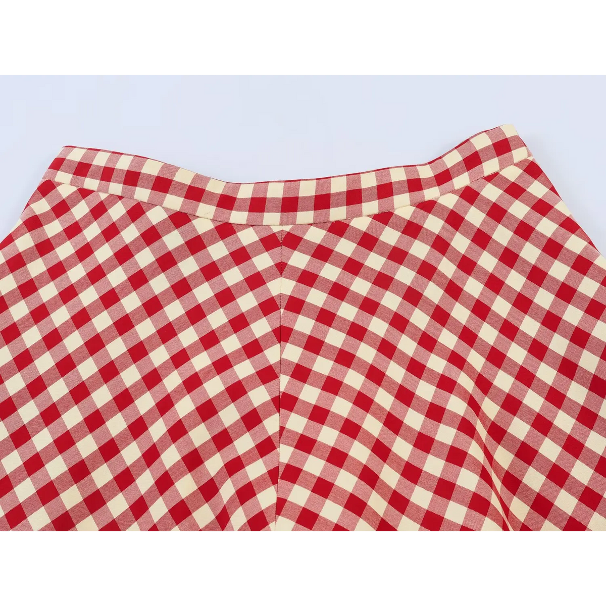 Close-up of front waistband and center seam