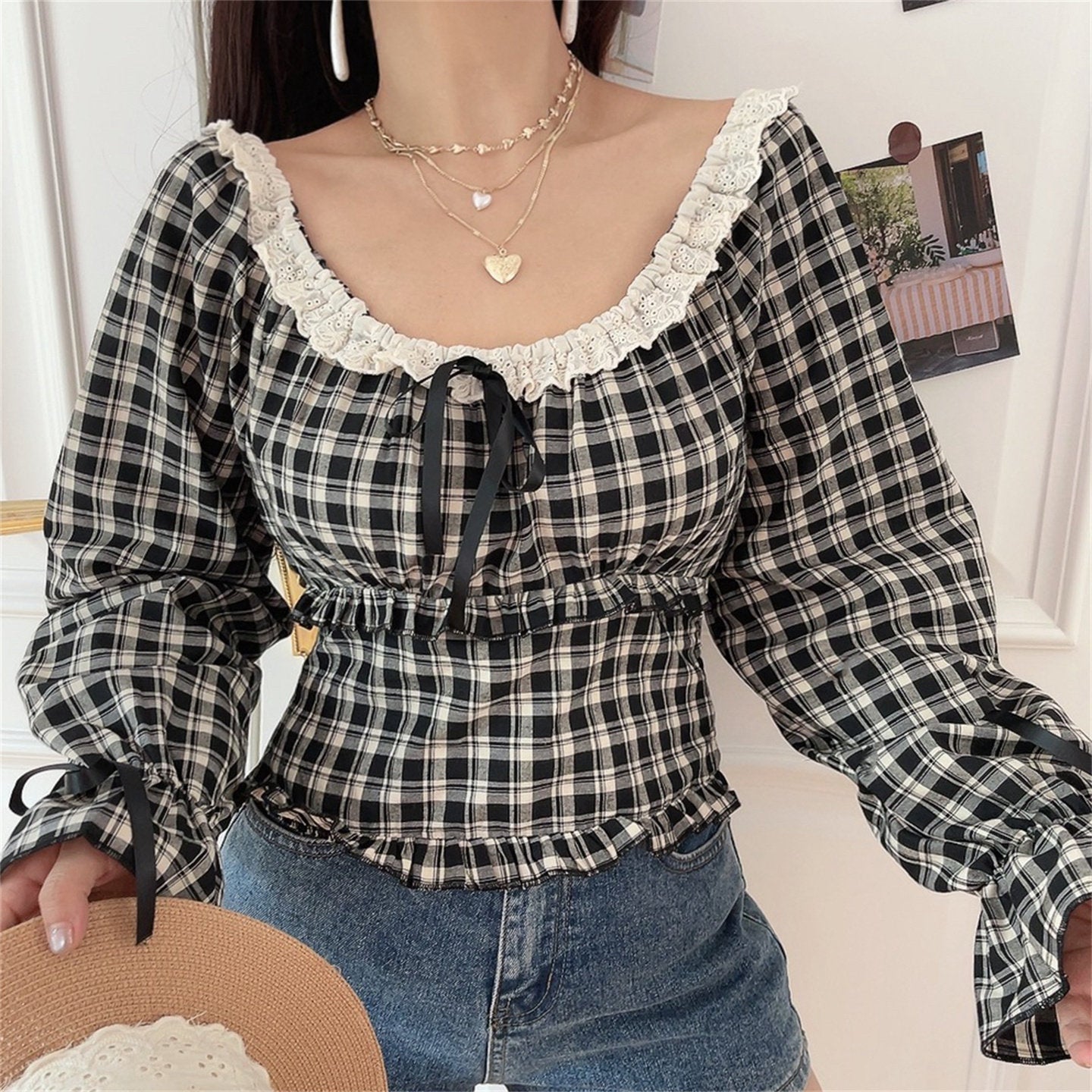 Gingham off shoulder crop top front close-up detail model shot, clear display neck lace ruffle adjustable front ribbon tie waist gathered shirring hem frill flare tie cuffs vintage check slim cropped silhouette detail shot
