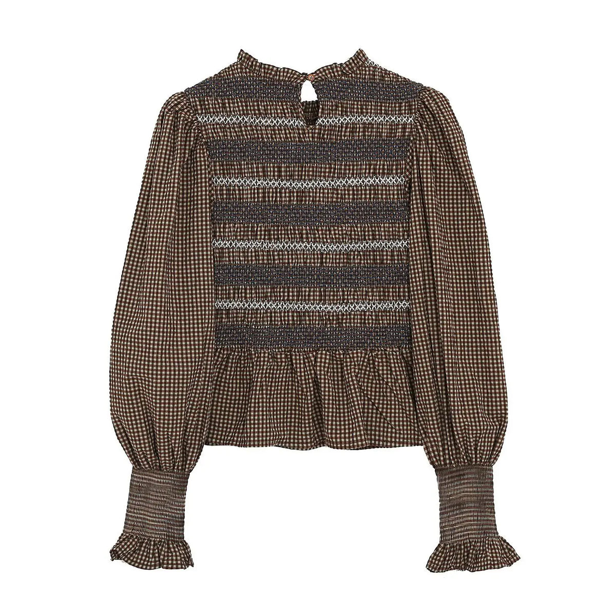 Back flat lay of gingham smocked ruffle long sleeve blouse