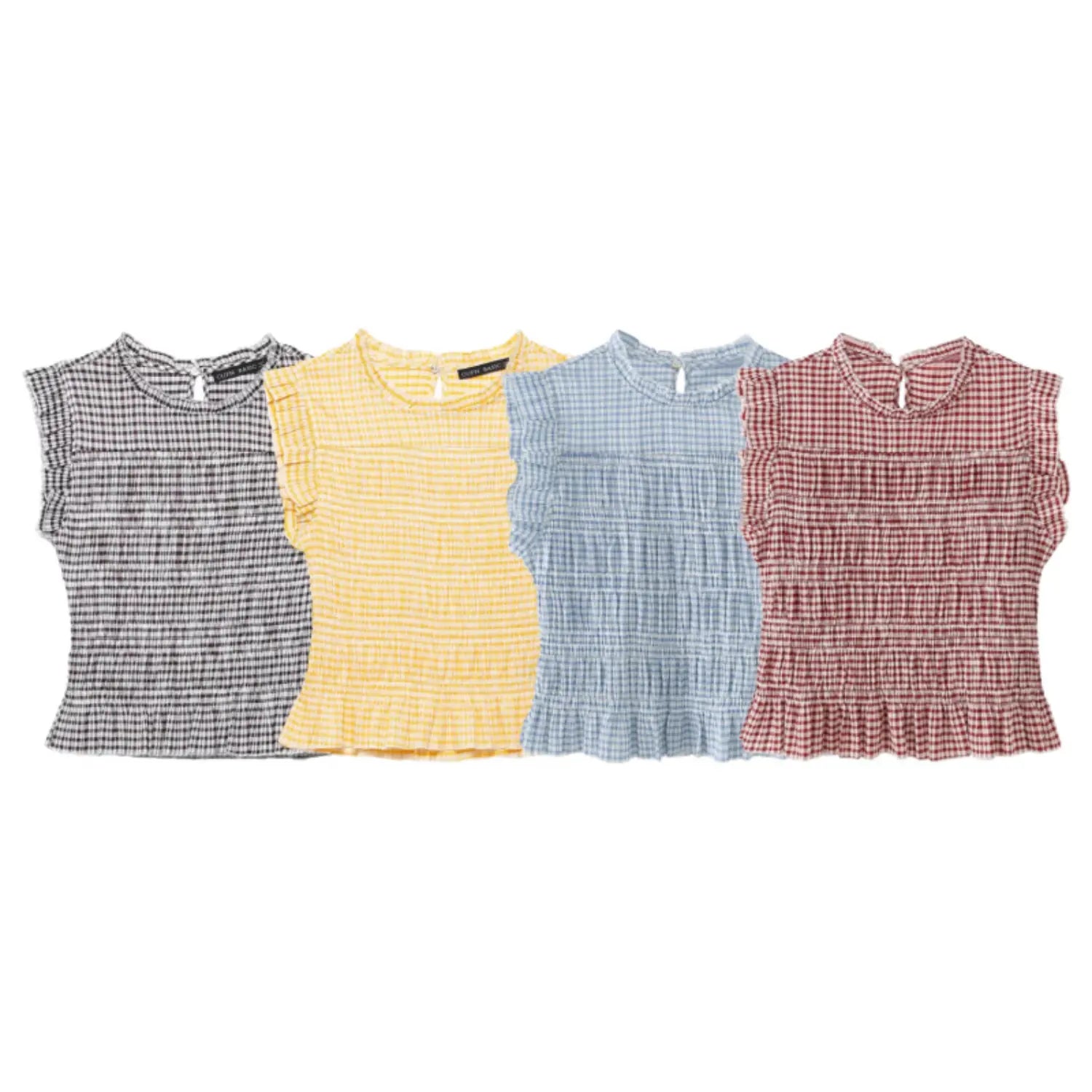 Full flat lay group shot of 4 color options gingham smocked sleeveless top: dark grey gingham, yellow gingham, light blue gingham, wine red gingham; frill mock neck, back keyhole button closure, flutter cap sleeves, peplum ruffle hem, all-over stretch smocked texture