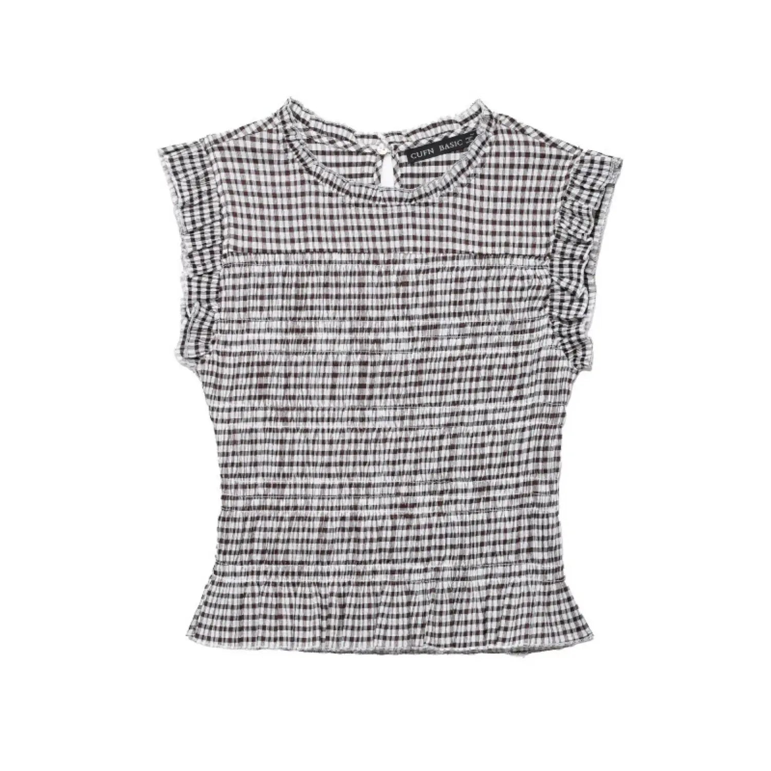 Full front flat lay black tiny gingham sleeveless blouse, frill mock neck, ruffle cap sleeves, all-over stretch smocked torso, peplum ruffle hem, back keyhole button closure