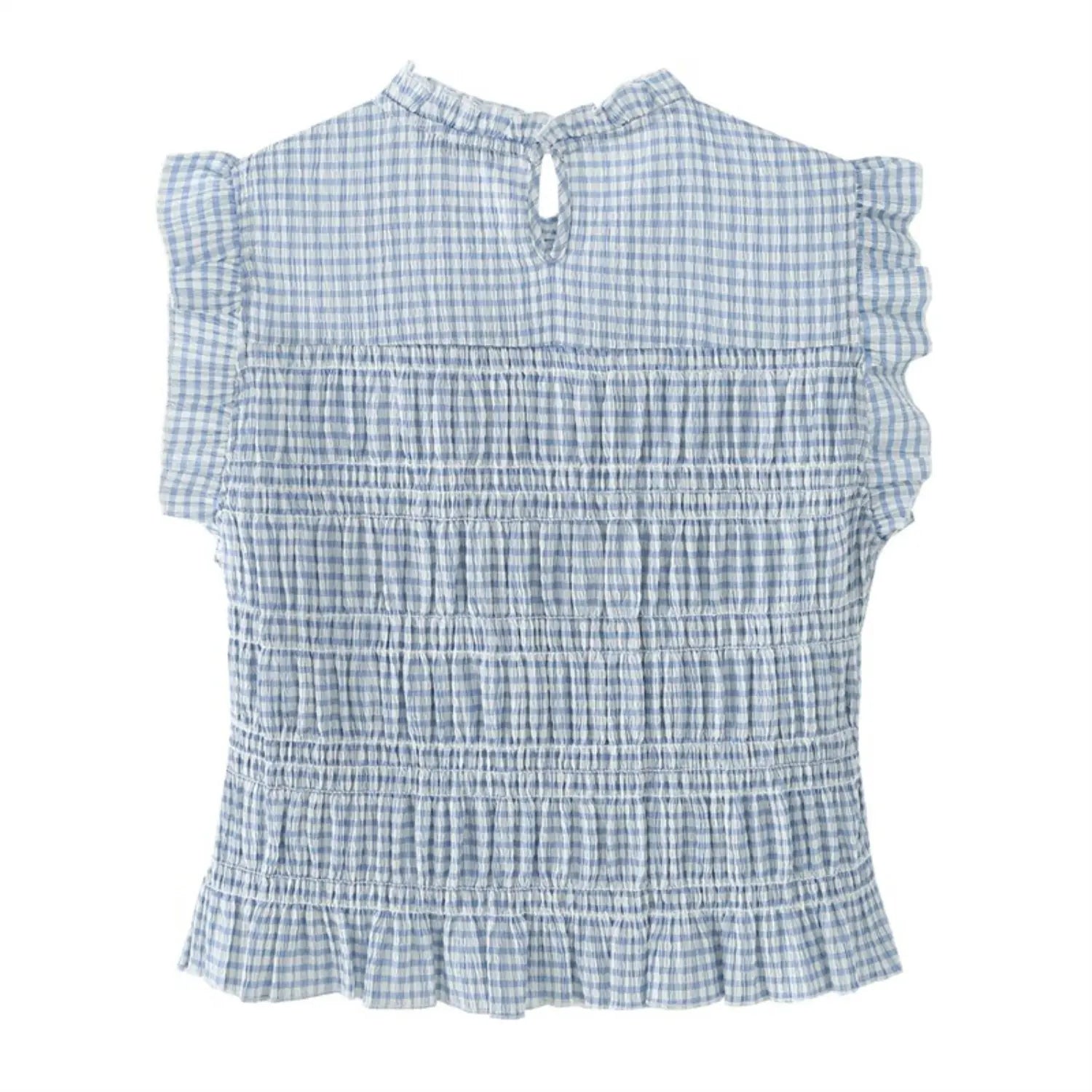 Full back flat lay light blue gingham sleeveless top, ruffle back neck keyhole button, all-over stretch smocked back panel, ruffle cap sleeves, peplum bottom hem