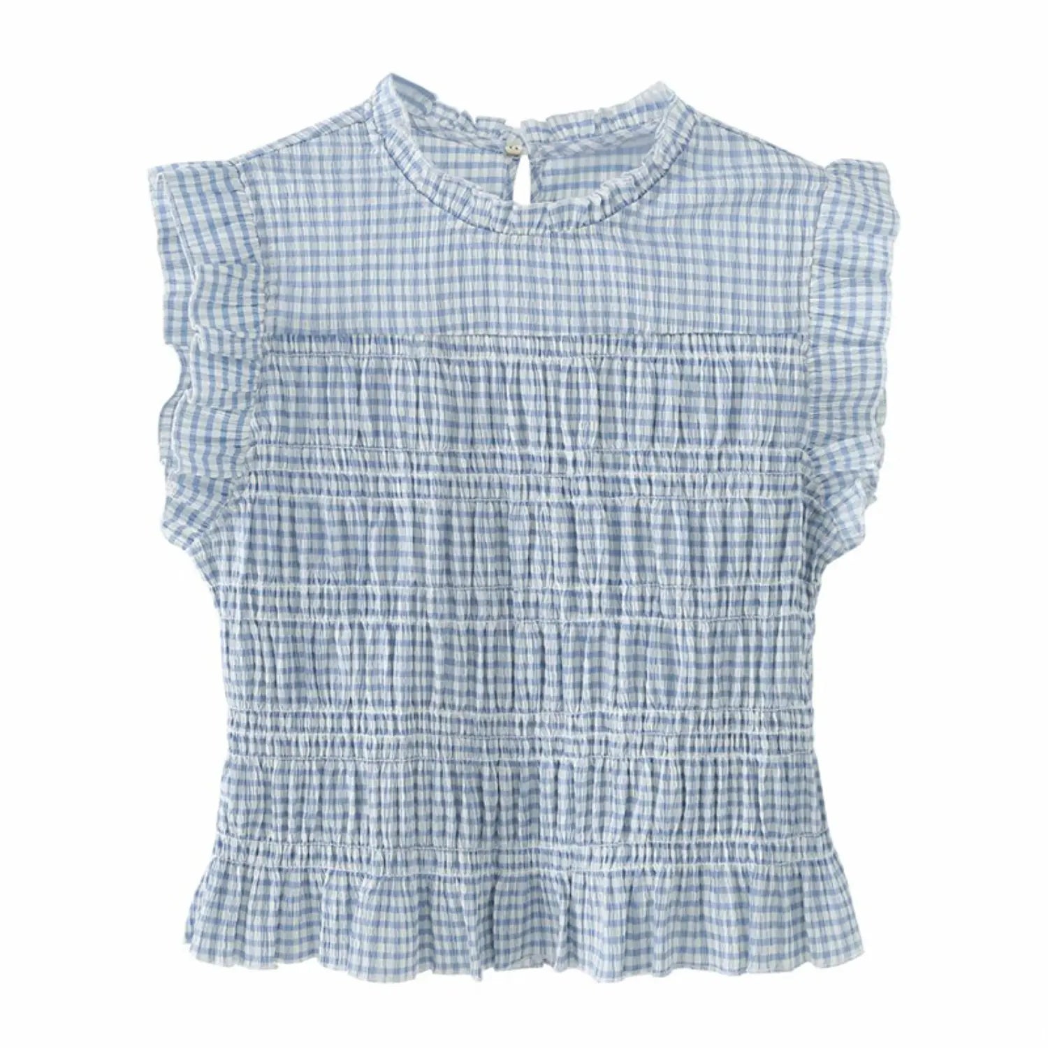 Full front flat lay light blue mini gingham smocked top, ruffle stand collar, flutter wing sleeves, full horizontal elastic shirring, flared peplum waist hem
