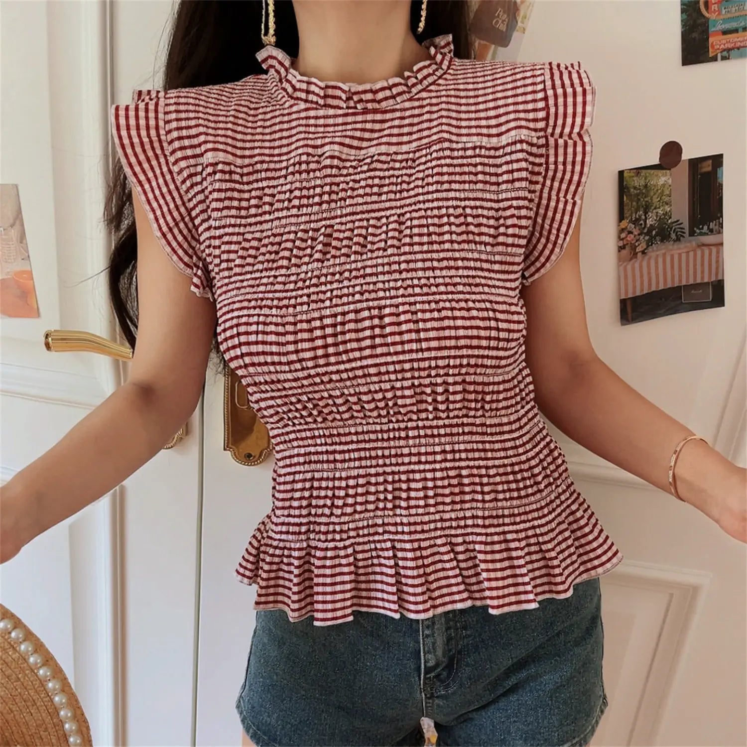 Relax front model shot wine red micro gingham smocked blouse, elastic stretch ruched fabric, frilled stand collar, ruffle cap sleeves, flared peplum hem, summer casual slim top