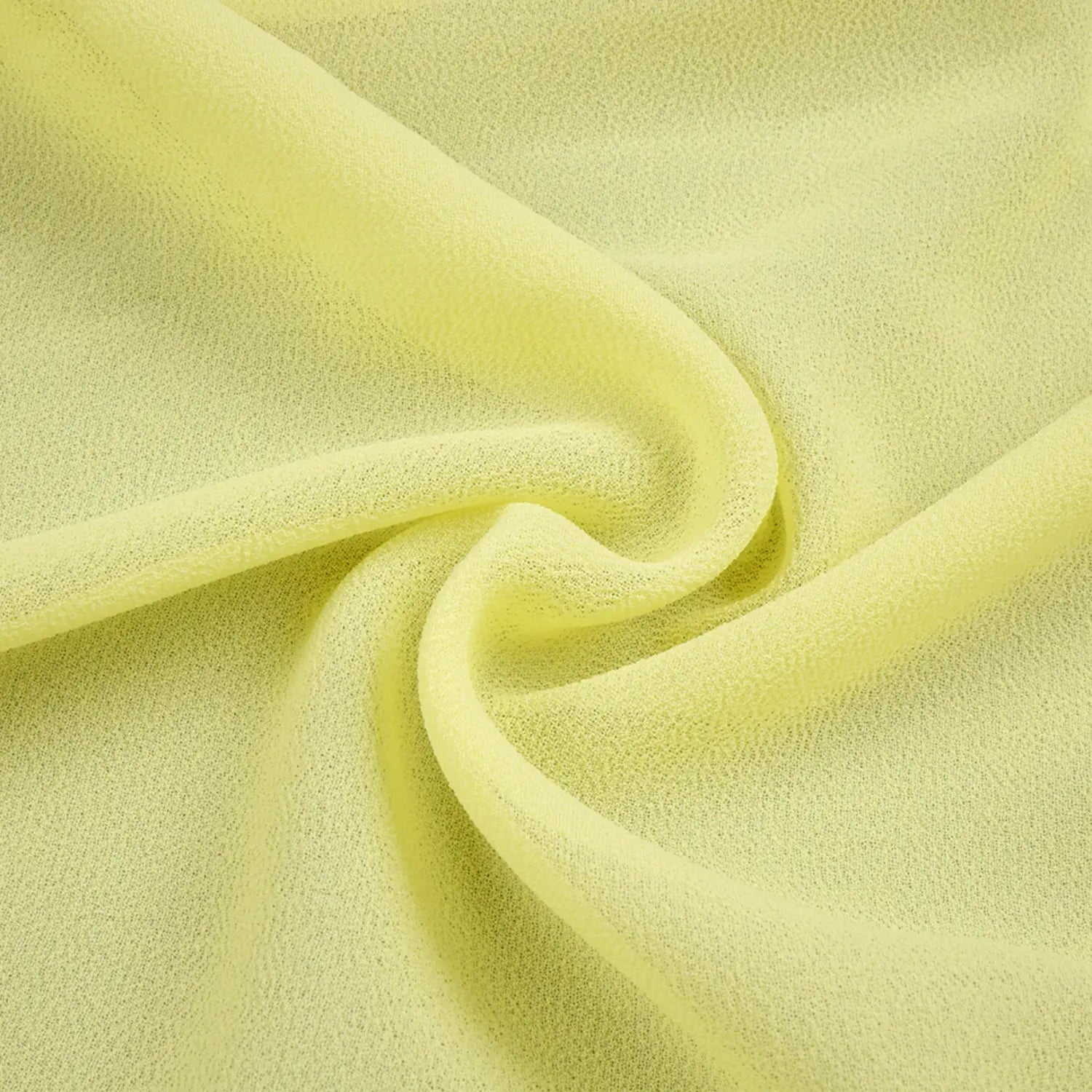 Soft folded close-up of plain yellow sheer chiffon fabric, fine porous woven texture with gentle draping property for maxi dress skirt