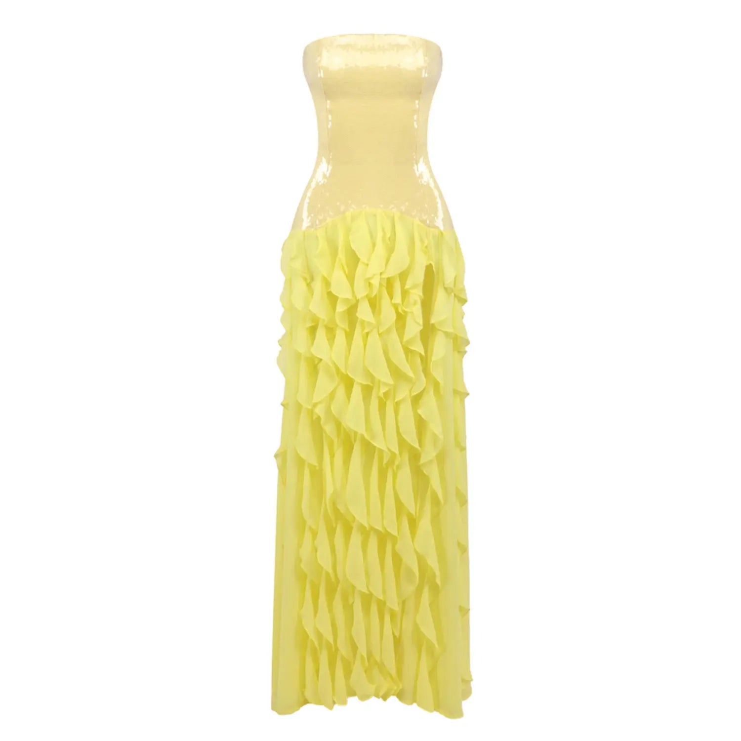 Straight white studio shot of yellow strapless formal maxi gown, shiny sequin bust panel, cascading layered ruffle chiffon floor-length skirt