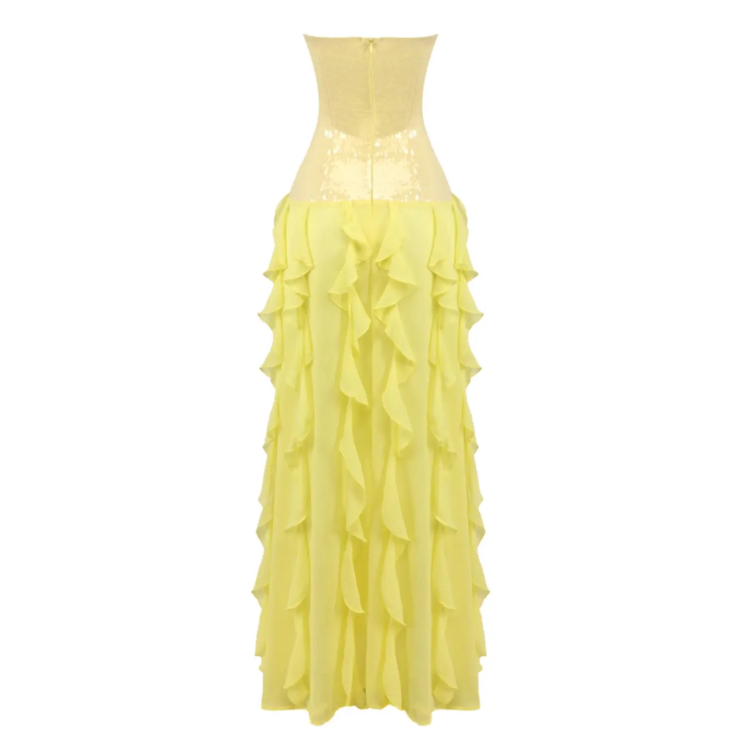 Straight white background back view of yellow sequin strapless evening gown, vertical center zipper and full tiered ruffle chiffon floor-length skirt