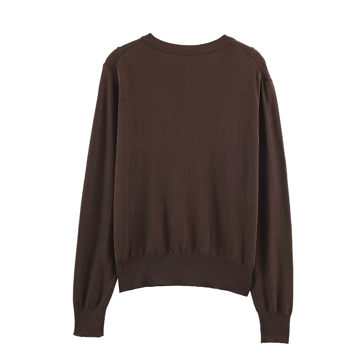 Back flat lay of brown gold button round neck cropped cardigan