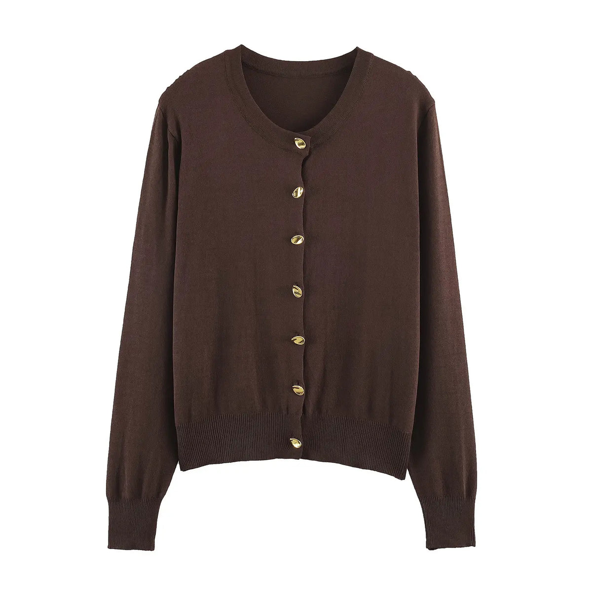 Front flat lay of brown gold button round neck cropped cardigan