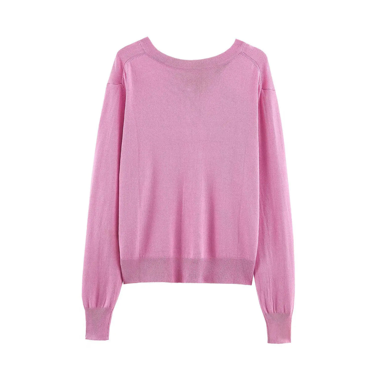 Front flat lay of pink gold button round neck cropped cardigan