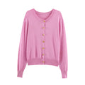 Front flat lay of pink gold button round neck cropped cardigan