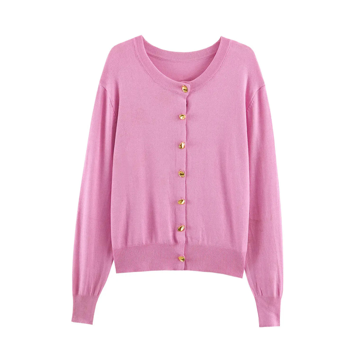 Front flat lay of pink gold button round neck cropped cardigan