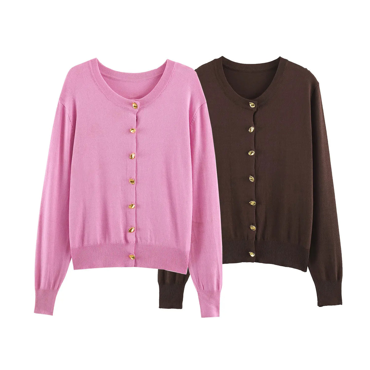 Pink and brown gold button round neck cropped cardigans