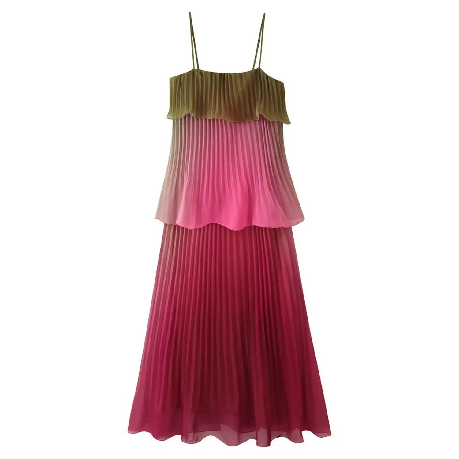 Gradient pleated cami maxi dress, olive green and pink ombre layered chiffon dress, women casual sleeveless long dress