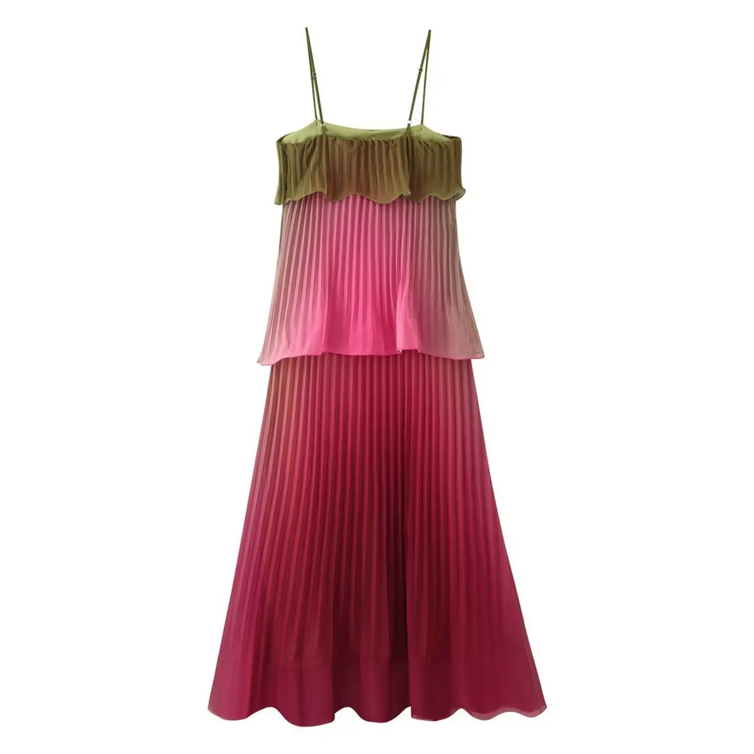 Layered ombre chiffon cami dress, adjustable thin straps pleated maxi dress for women