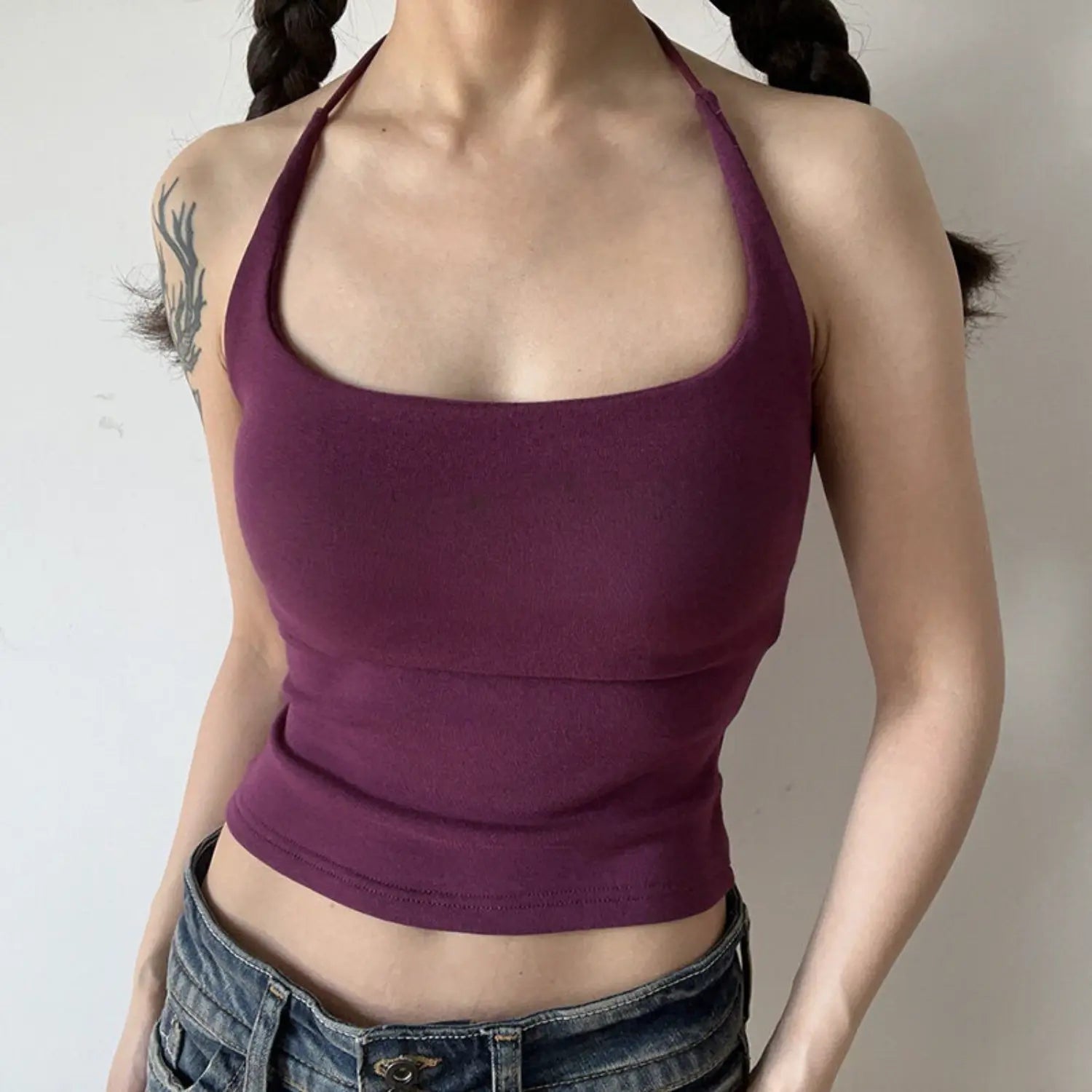 Grape purple solid halter knit tank half body model shot, skin-flattering purple knit fabric U square halter neck niche aesthetic slim crop tank shot