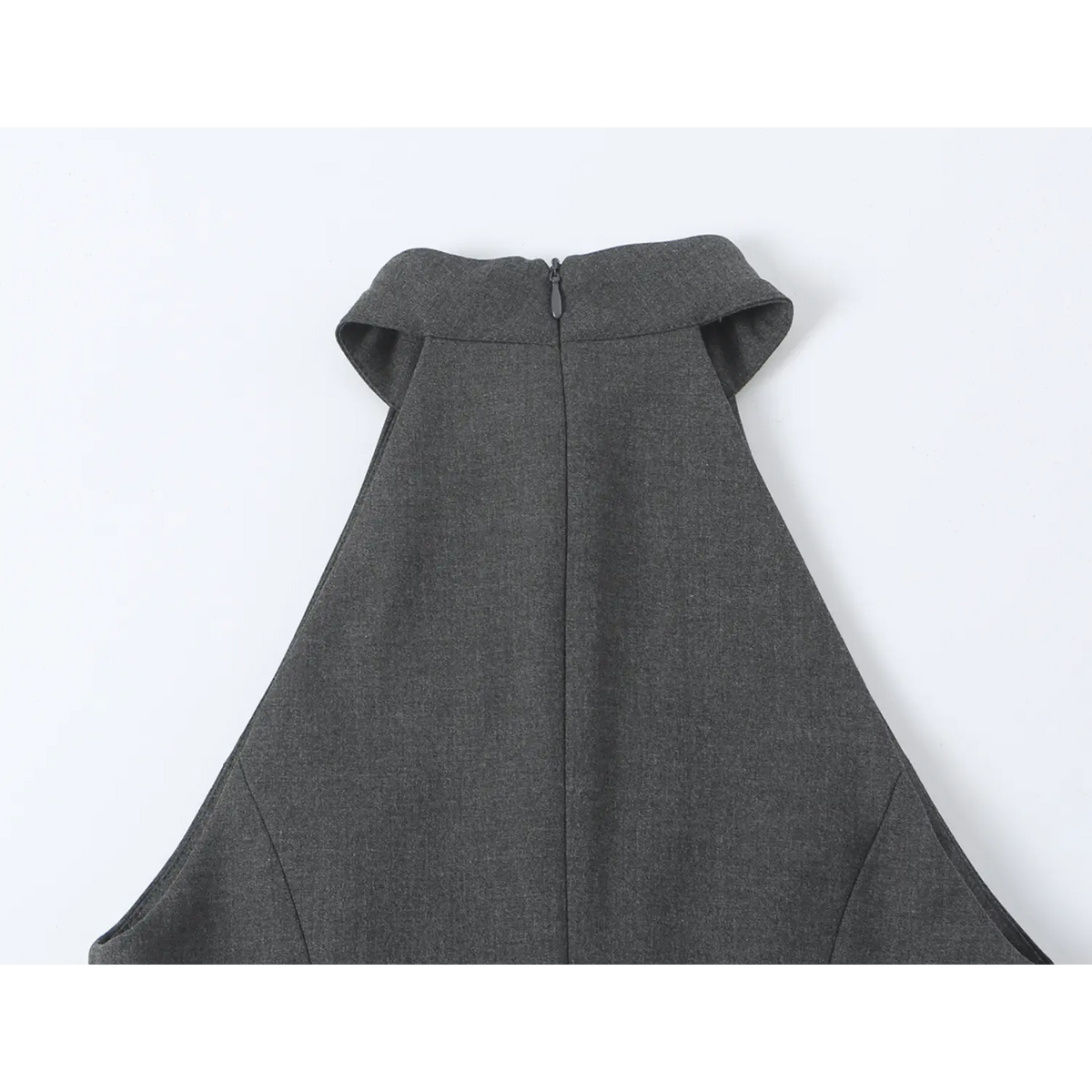 Close-up of back halter neckline and center zipper