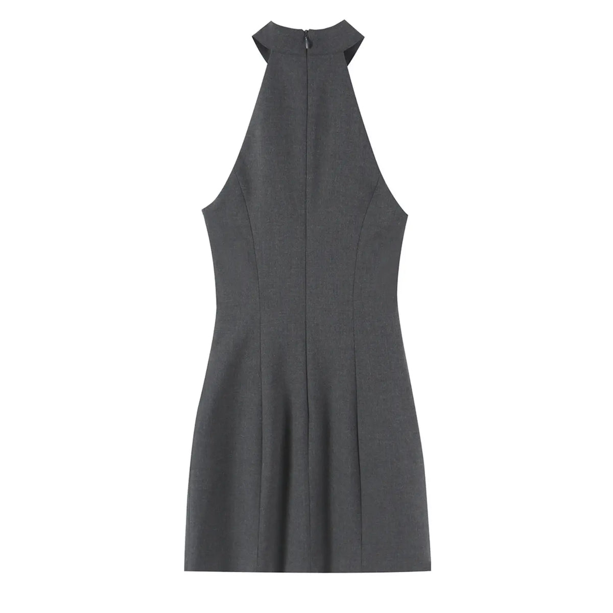 Gray halter neck velvet bow mini dress, back flat lay