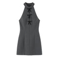 Gray halter neck velvet bow mini dress, front flat lay