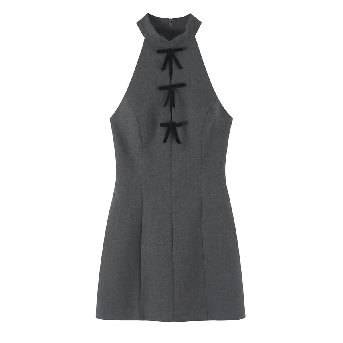 Gray halter neck velvet bow mini dress, front flat lay