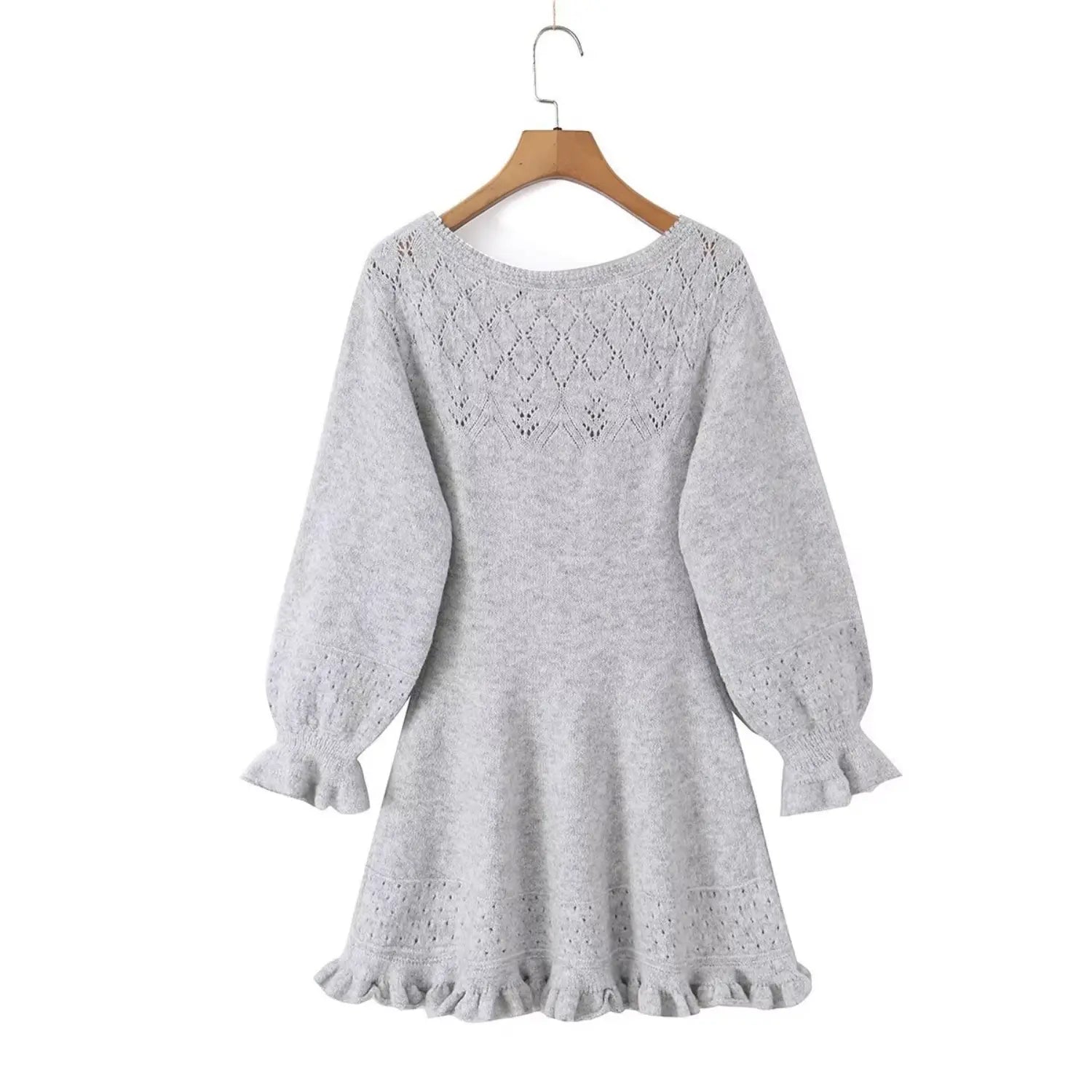 soft heather gray hollow knit mini dress long puff ruffle sleeve back view on wooden hanger casual feminine sweater dress