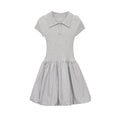 Full front view on white background of the gray polo-collar knit dress with balloon hem