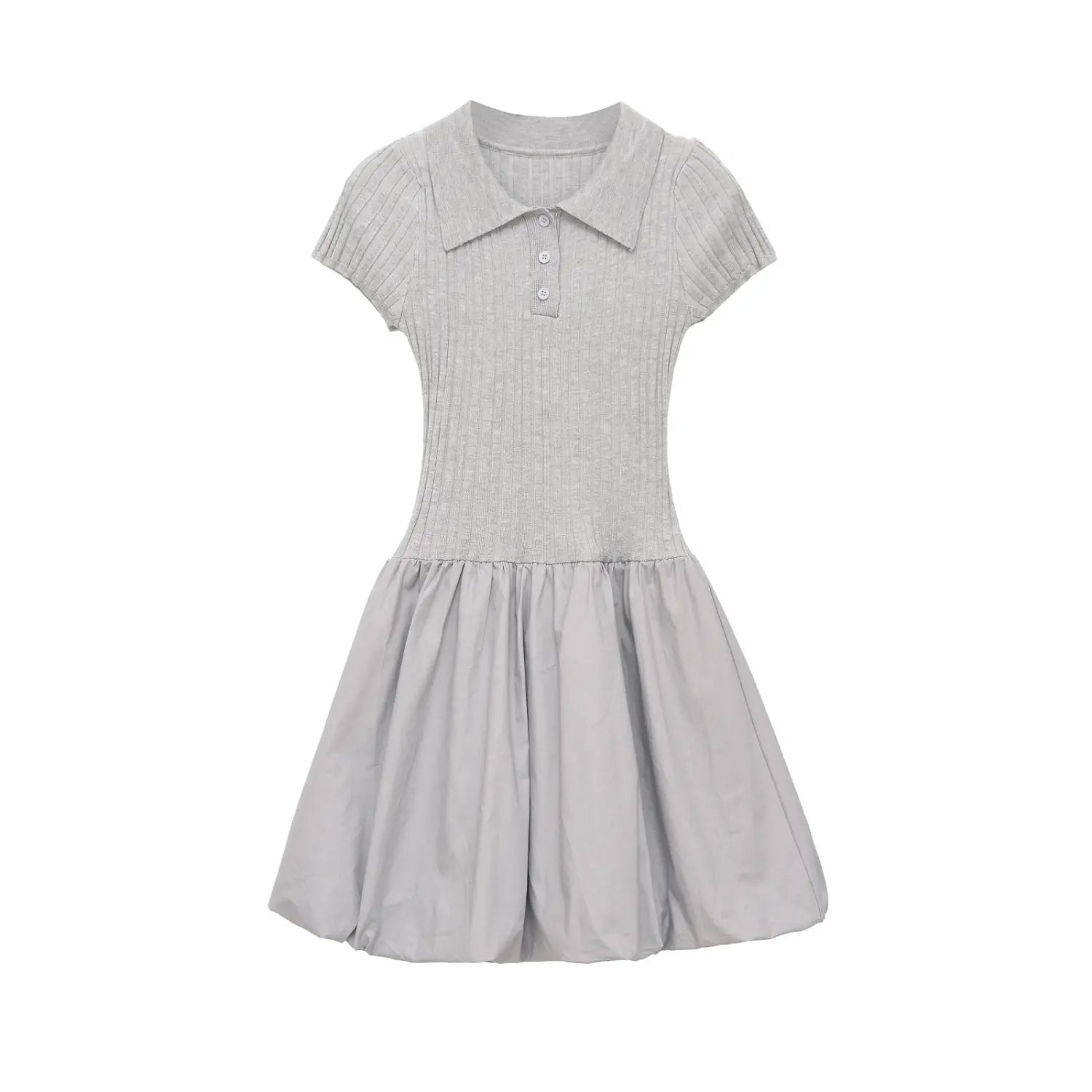 Full front view on white background of the gray polo-collar knit dress with balloon hem