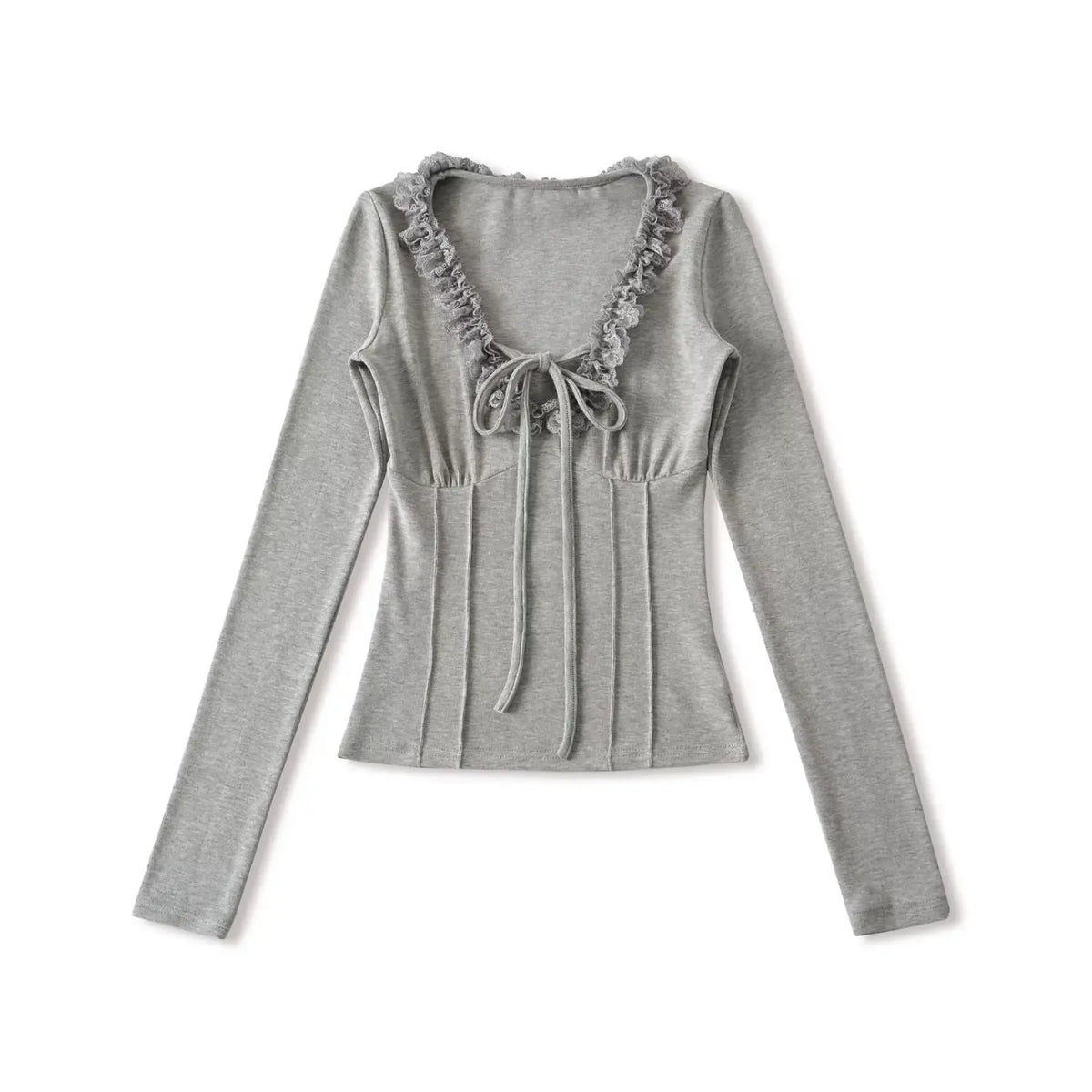 Women gray long sleeve top, ruffle trim V-neck, tie front detail, corset-inspired seam, slim fitted bodycon