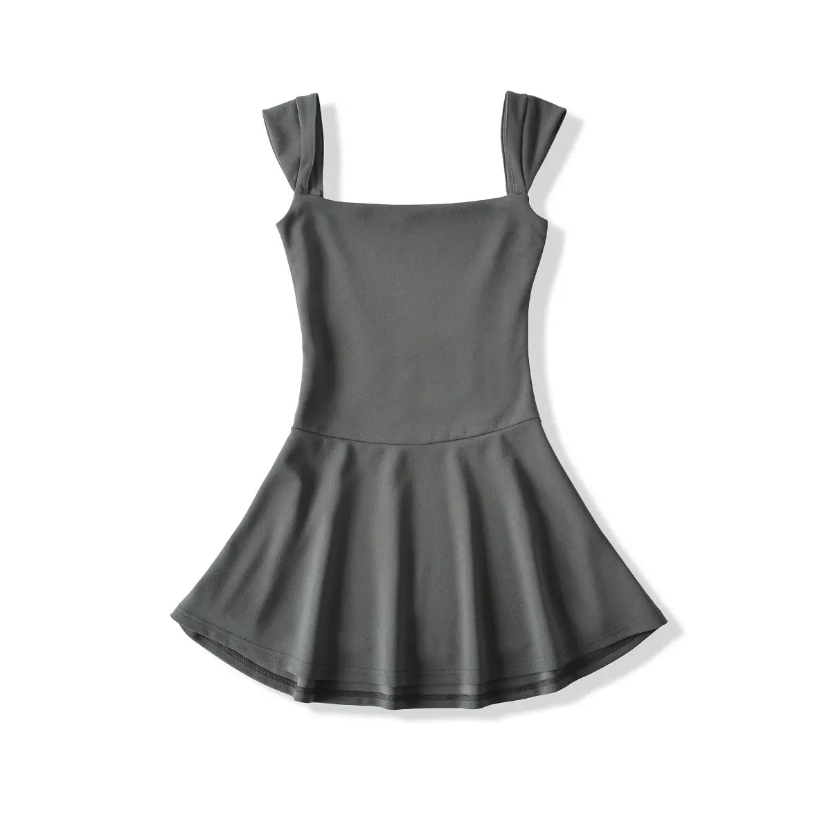  Front view of a gray sleeveless fit-and-flare mini dress with a square neckline.
