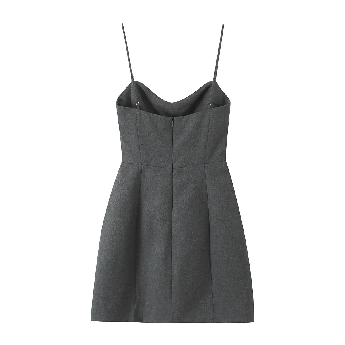 Back view of a gray tailored dress with thin straps, featuring a sweetheart neckline and center-back zipper.