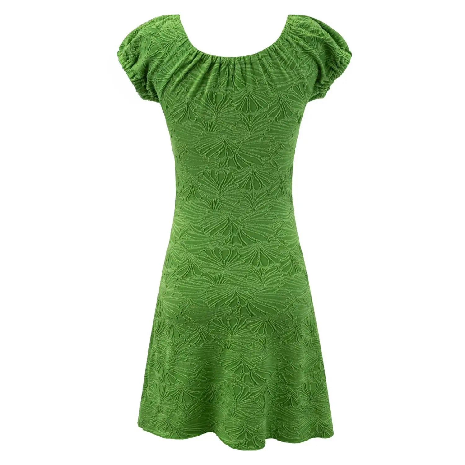 White background studio full back shot of vibrant green mini dress, all-over embossed ginkgo leaf jacquard fabric, elastic gathered square neck and short puff sleeves
