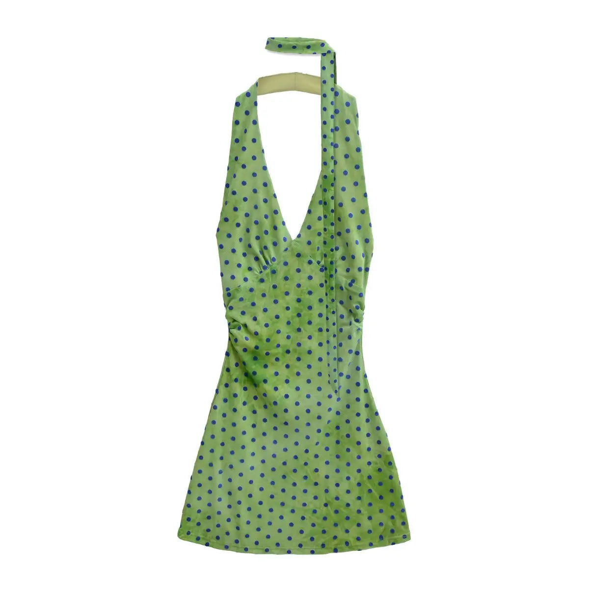 Full front view of the lime green halter dress with blue polka dots, including the matching scarf tie.