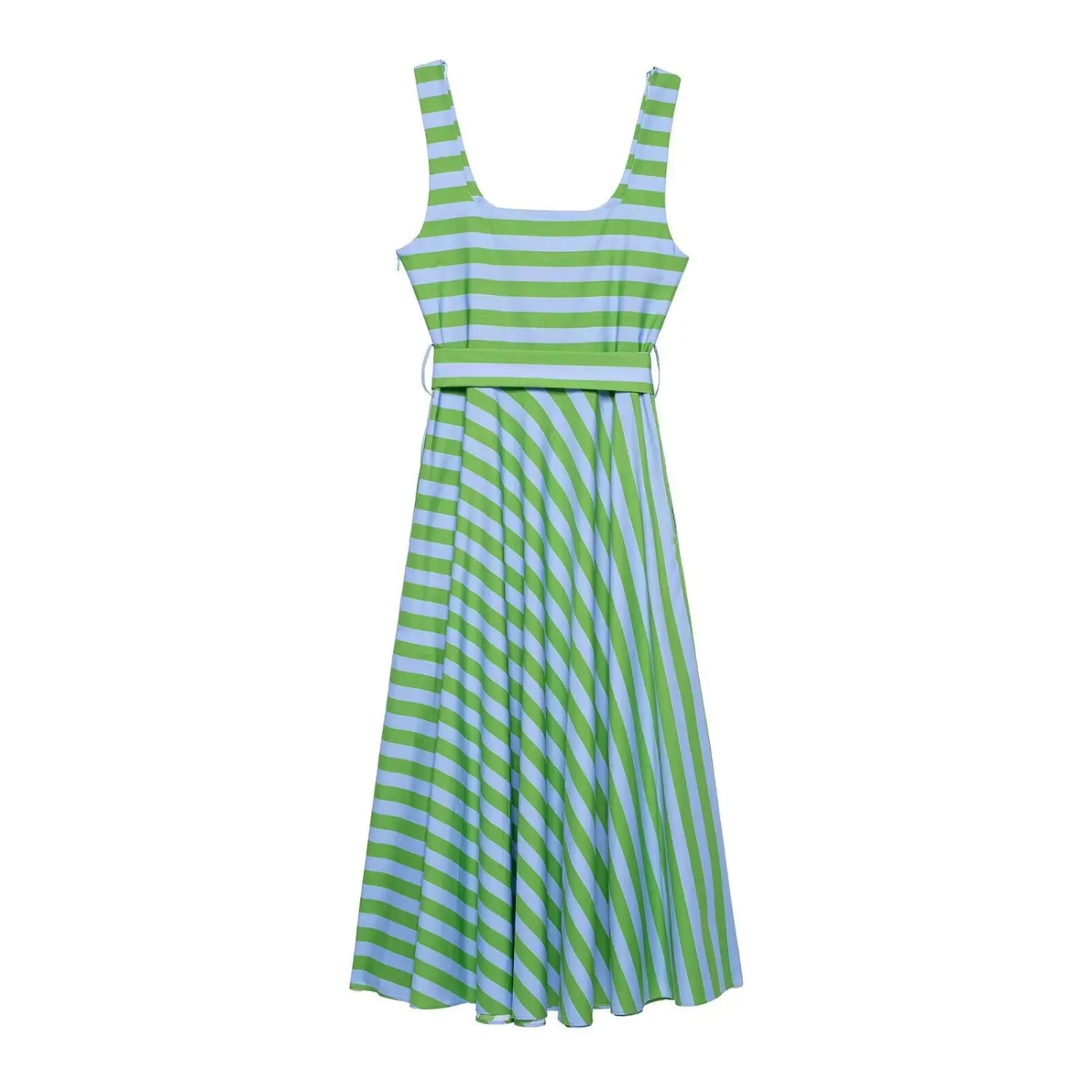 Back view isolated on white background, green and light blue stripe sleeveless midi dress with fitted waist and flared diagonal stripe skirt