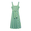Front view isolated on white background, green and light blue horizontal stripe camisole midi dress with square neck, front button placket and self tie waist belt