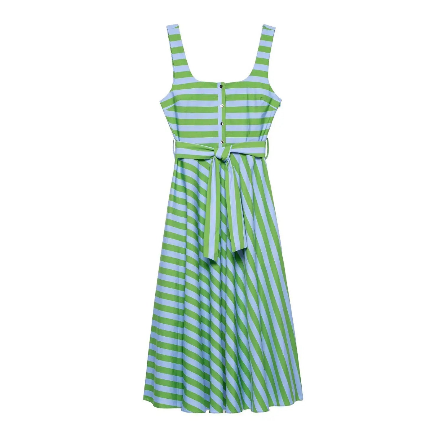 Front view isolated on white background, green and light blue horizontal stripe camisole midi dress with square neck, front button placket and self tie waist belt
