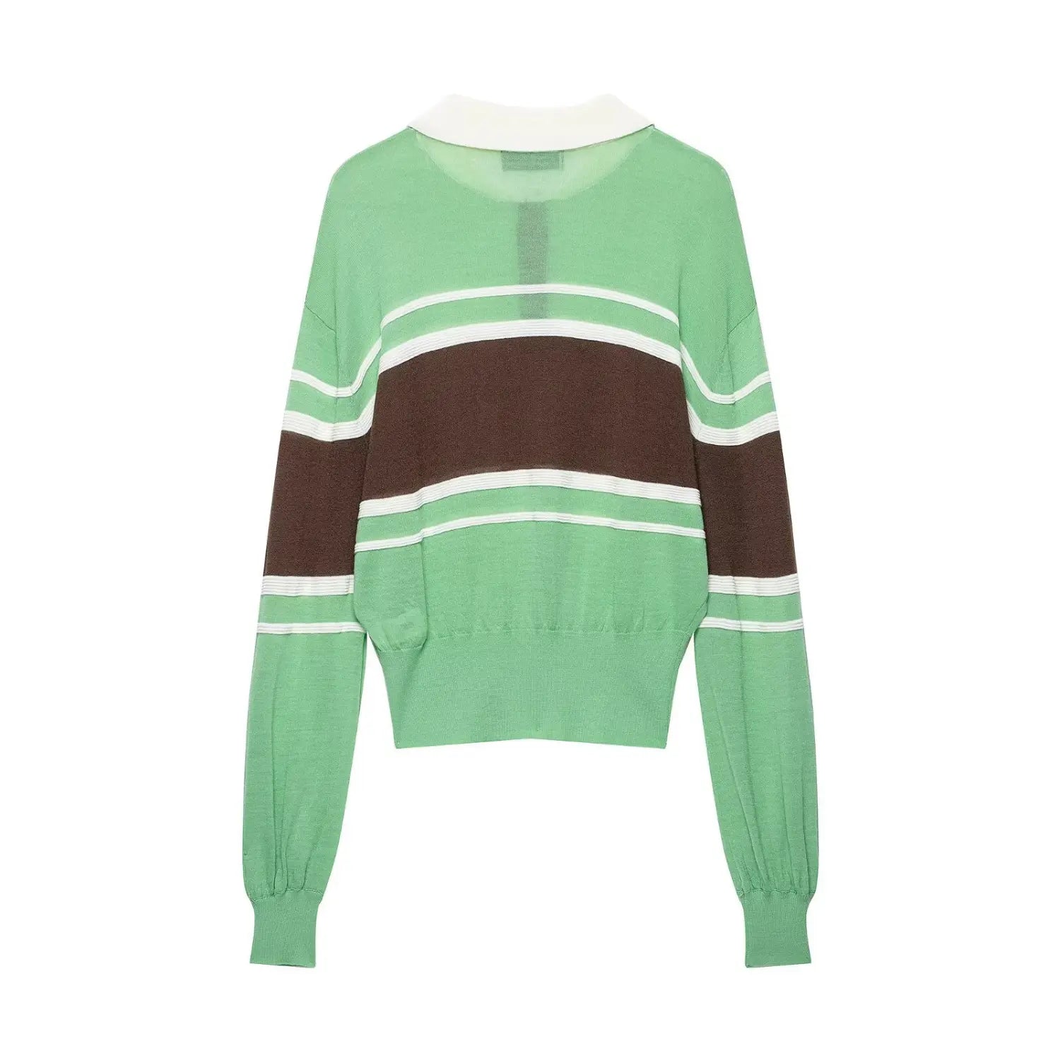 Back view cropped polo knit sweater, green brown color‑block horizontal stripe, loose long sleeve