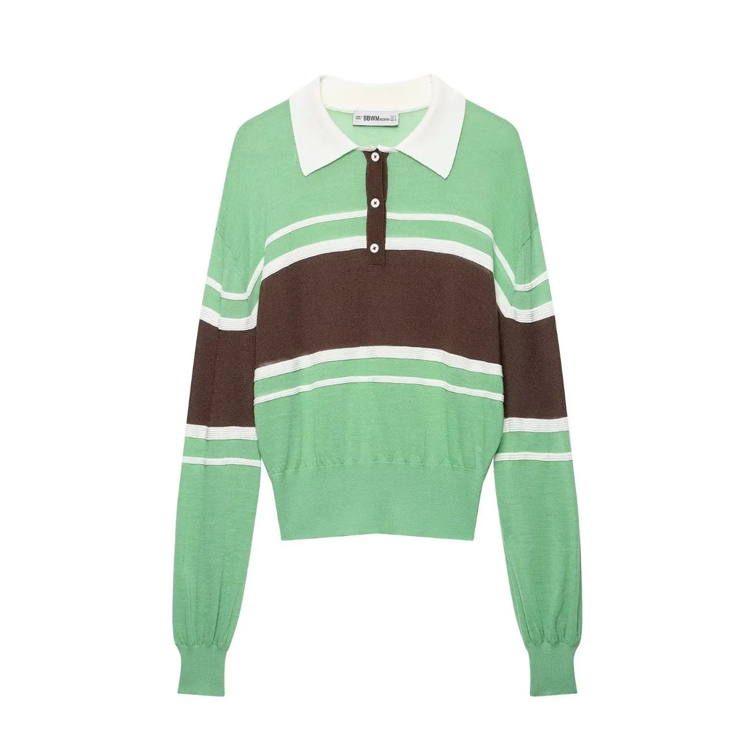 Front view cropped polo knit sweater, green brown color‑block stripe, white collar, henley button placket