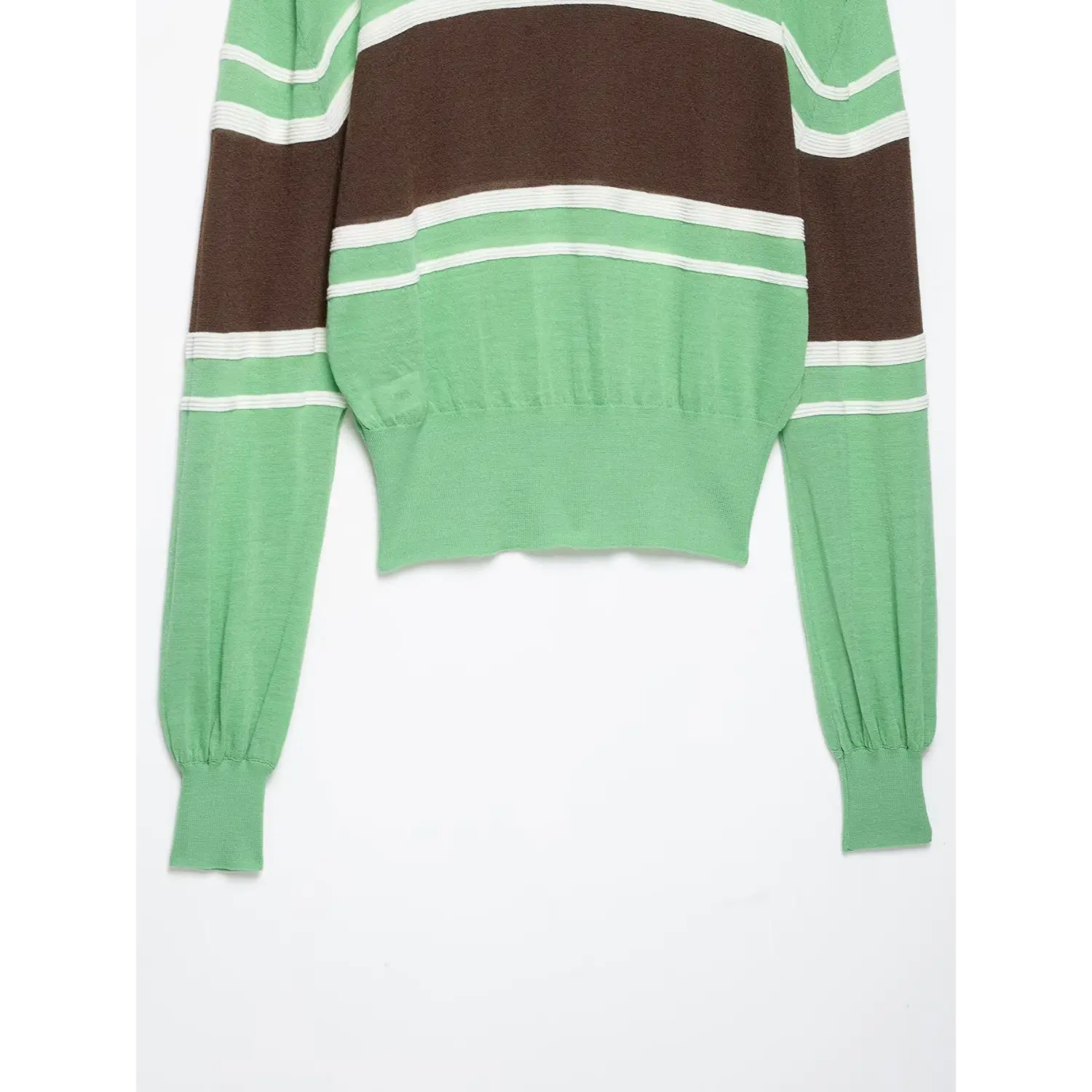 Waist hem and full long sleeves view, cropped ribbed hem, green brown white color‑block striped knit sweater